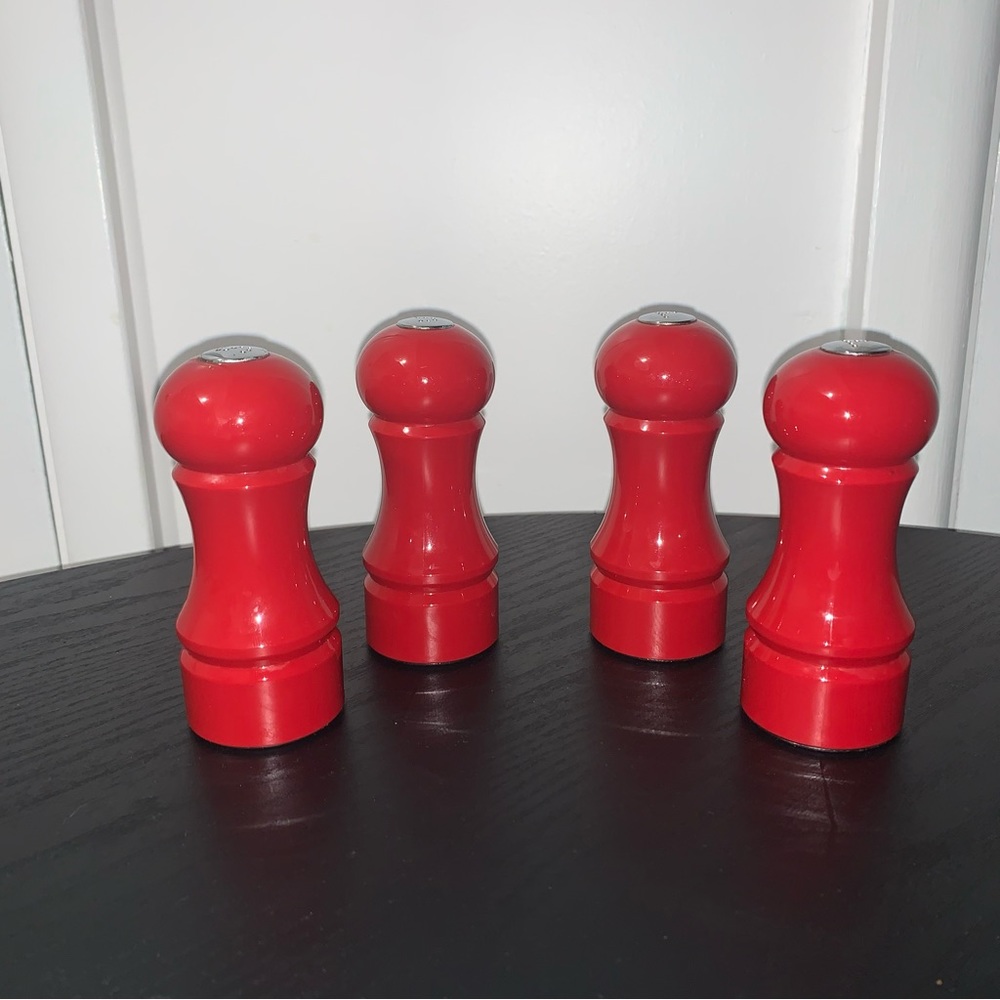 2 Sets of Shiny Red Salt & Pepper Shakers Solid Hard Silver Tone Button Tops EXC